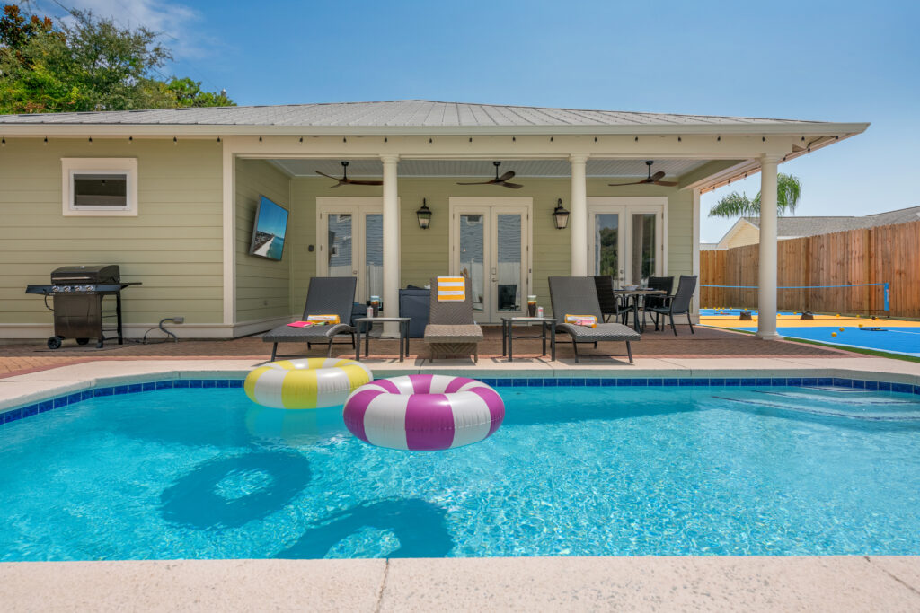 The pool and covered patio