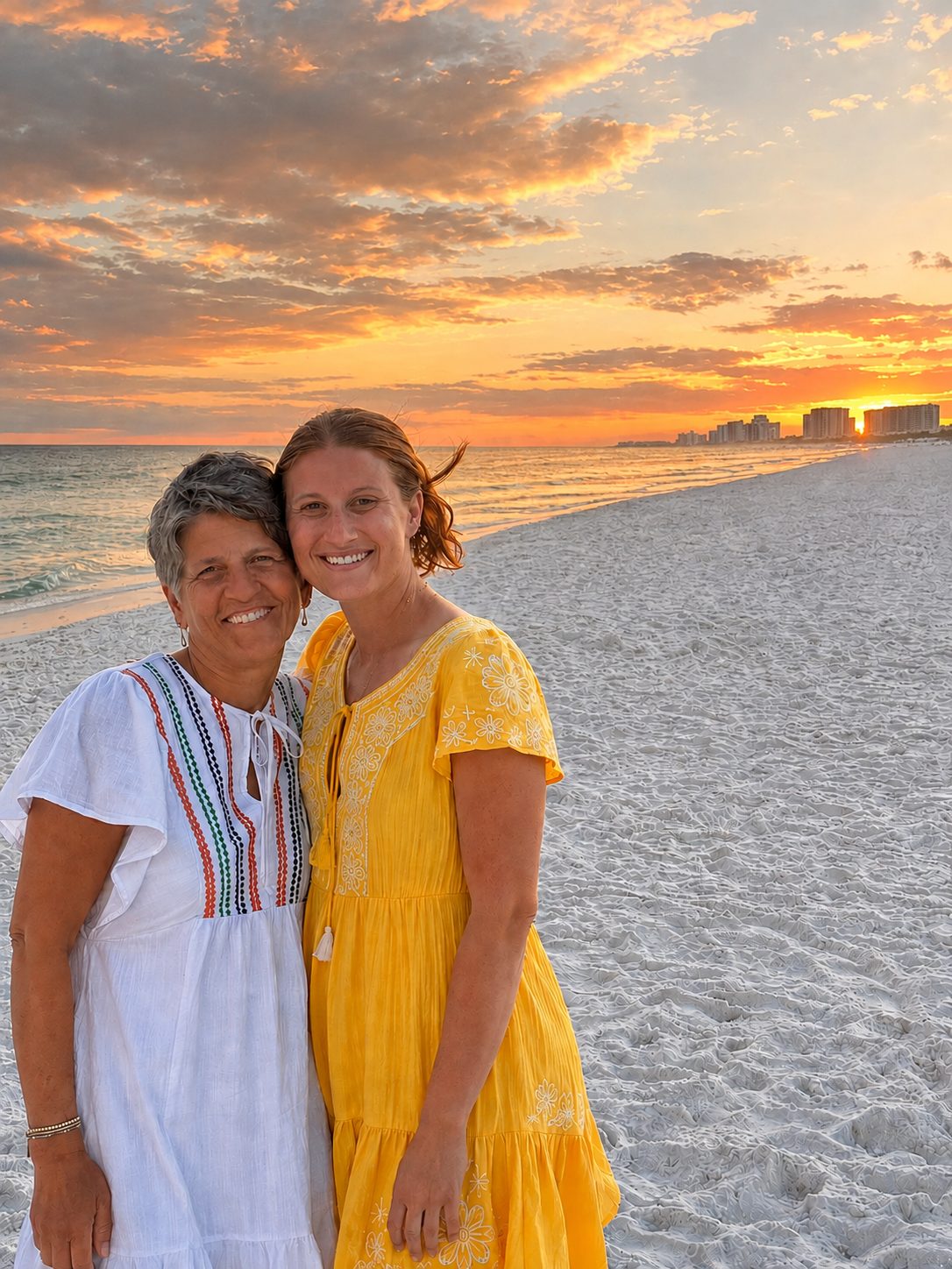 Kristi and Riley, the hosts of Crystal Haven, on the beach at sunset